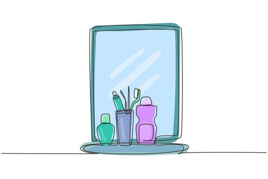 recommend clip art: Continuous one line drawing dental and oral cleaning supplies such as toothbrush, toothpaste, and mouthwash in bathroom sink. Teeth care concept. Single line draw design vector graphic illustration