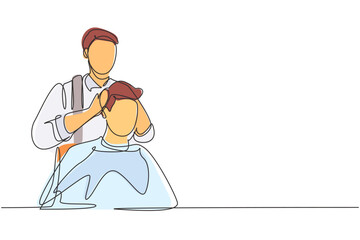 Single continuous line drawing attractive classy dressed barber shop hairdresser is turning client`s head to present his work for him. Hairdo looks trendy and so perfect. Dynamic one line draw graphic