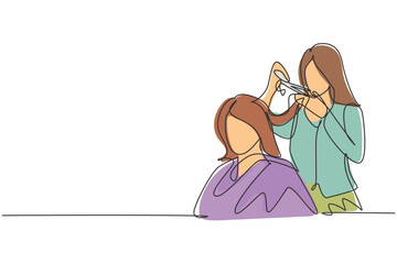 Single one line drawing pretty brunette working as hairdresser and cutting hair tips of female customer in beauty salon. Hair style concept. Continuous line draw design graphic vector illustration