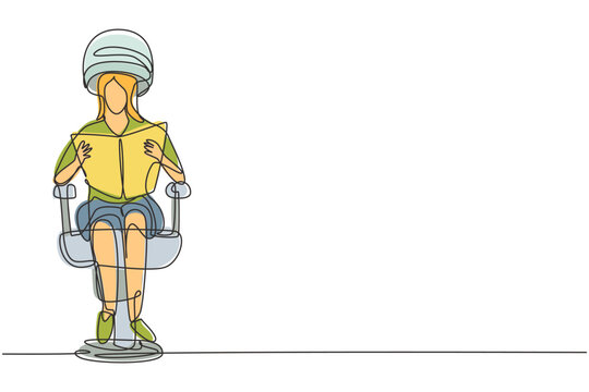 recommend clip art: Continuous one line drawing young woman with old hair dryer reads newspaper or magazine pop art and waiting for result. Hair style beauty concept. Single line draw design vector graphic illustration