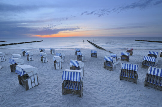 Beach Chairs on Beach at Sunset, Baltic Sea, Mecklenburg-Vorpommern, Germany
