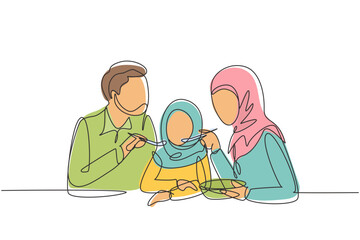 Single continuous line drawing Arabian family having fun together in restaurant. Parents feeds they daughter with love. Happy little family concept. One line draw graphic design vector illustration