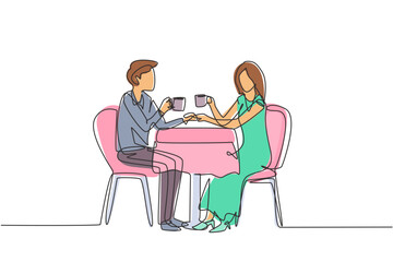 Single continuous line drawing young couple face to face having a romantic dinner, both holding cups. Celebrating wedding anniversary at restaurant. One line draw graphic design vector illustration