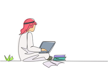 Continuous one line drawing Arabian male students studying with laptop, pile of books and sitting at the park. Back to school, online education. Single line draw design vector graphic illustration