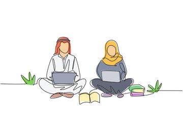 Continuous one line drawing Arabian couple with laptop sitting at the park together. Freelance, distance learning, online courses, studying concept. Single line draw design vector graphic illustration