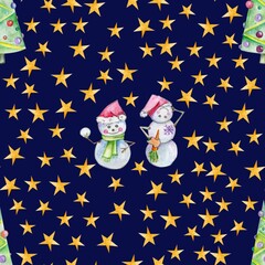 Seamless patern with characters of snowmen and a christmas tree decorated with bright balls on a dark blue background with golden stars. Cartoon style