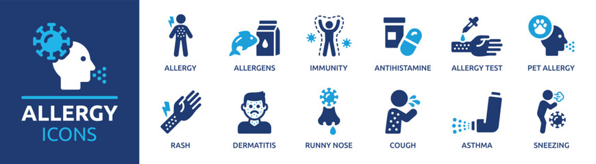 Allergy icon set. Containing allergens, immunity, sneeze, runny nose, rash, cough, pet allergy, antihistamine and dermatitis icons. Solid icon collection. - obrazy, fototapety, plakaty