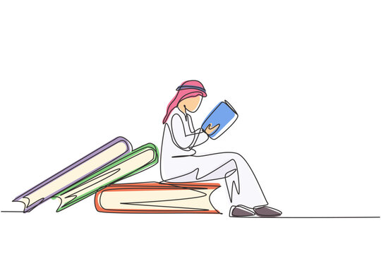 Single one line drawing young Arab student male reading, learning and sitting on big books. Study in library. Literature fans or lovers. Modern continuous line draw design graphic vector illustration
