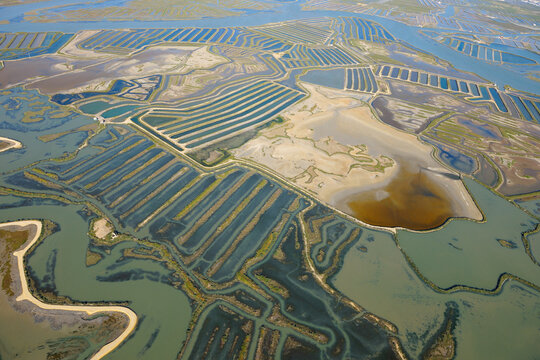 Aerial View of Aquacultures in Bay of Cadiz, Costa de la Luz, Cadiz Province, Andalusia, Spain