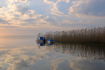 Moored Boats by Reeds at Sunrise, Plauer See, Plau am See, Mecklenburg Lake District, Mecklenburg-Vorpommern, Germany