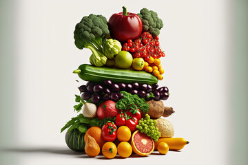 Stack of spoiled fruits and vegetables isolated on a white backdrop. Generative AI