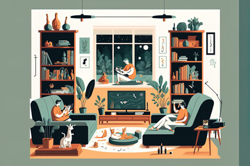 Stay at home concept series, featuring individuals resting in their house, room, or apartment while doing yoga, engaging in meditation, unwinding on a sofa, reading books, baking, or listening to musi