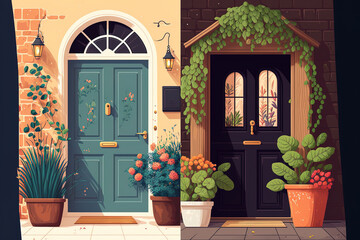 posters advertising home construction entrances, wooden front doors. graphic set of a house exterior with apartment openings and potted plants. doors in the walls of buildings. the building's f
