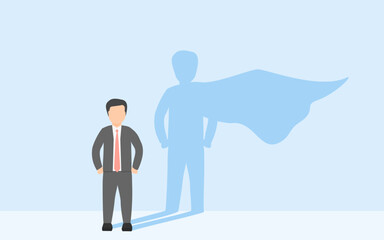 concept of confidence. a businessman standing with his shadow as superhero wearing cape. vector illustration of bravery