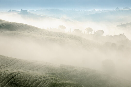 Typical Tuscany landscape in morning with fog near San Quirico d'Orcia. Val d'Orcia, Orcia Valley, Siena district, Tuscany, Toscana, Italy.