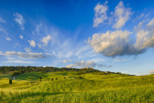 Pienza at hill with rolling landscape. UNESCO World Heritage Site. Pienza, Val d´Orcia, Tuscany, Italy.