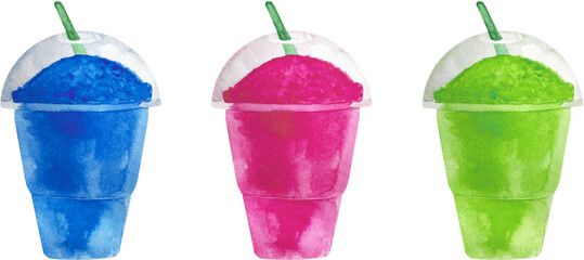 Watercolor frosty ice raspberry, pink, blue and green berry smoothie slush in a clear plastic container with a straw.