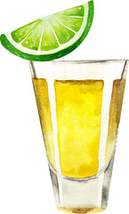 Watercolor tequila shot with lime slice isolated on white