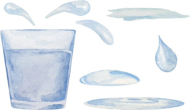 Watercolor glass of drinking water in transparent glass with puddles and splashes. Healthy drink concept