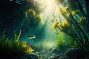 Fototapeta na wymiar River underwater scene with sun rays and an abstract underwater scene with new ecosystem of plants. Generative AI