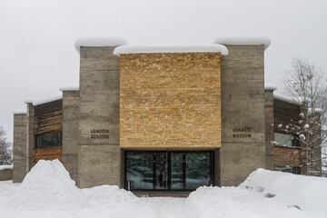 Concrete building of the Modern History Museum in Mestia, Svaneti, Georgia