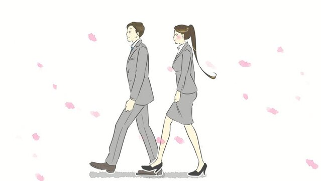 並んで歩くビジネスパーソン男女と桜の花びらが舞うループアニメーション