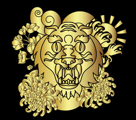 colorful traditional tattoo style Tiger face with cherry blossom and hibiscus flower on could and red rising sun background.Chinese Tiger roaring tattoo.