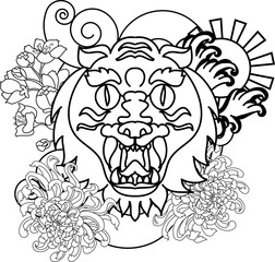 colorful traditional tattoo style Tiger face with cherry blossom and hibiscus flower on could and red rising sun background.Chinese Tiger roaring tattoo.