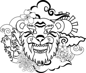 colorful traditional tattoo style Tiger face with cherry blossom and hibiscus flower on could and red rising sun background.Chinese Tiger roaring tattoo.