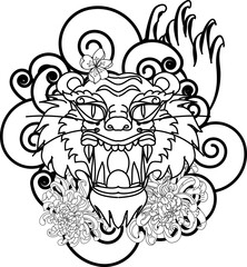 colorful traditional tattoo style Tiger face with cherry blossom and hibiscus flower on could and red rising sun background.Chinese Tiger roaring tattoo.