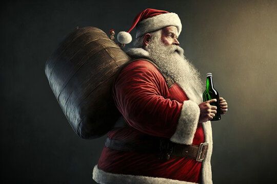 Santa Claus carrying a Christmas beer, side view. Generative AI