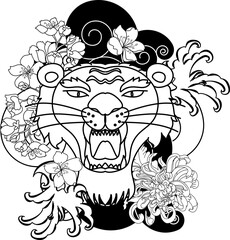 colorful traditional tattoo style Tiger face with cherry blossom and hibiscus flower on could and red rising sun background.Chinese Tiger roaring tattoo.