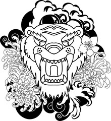 colorful traditional tattoo style Tiger face with cherry blossom and hibiscus flower on could and red rising sun background.Chinese Tiger roaring tattoo.