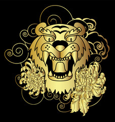 colorful traditional tattoo style Tiger face with cherry blossom and hibiscus flower on could and red rising sun background.Chinese Tiger roaring tattoo.