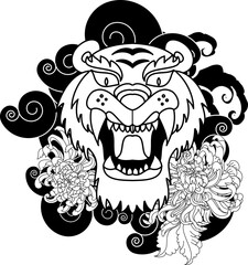 colorful traditional tattoo style Tiger face with cherry blossom and hibiscus flower on could and red rising sun background.Chinese Tiger roaring tattoo.