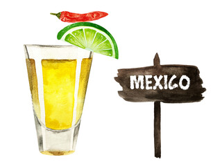 Watercolor tequila shot with lime and chili peppers on the top