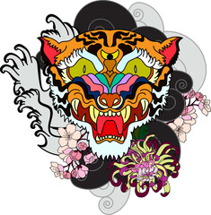 colorful traditional tattoo style Tiger face with cherry blossom and hibiscus flower on could and red rising sun background.Chinese Tiger roaring tattoo.