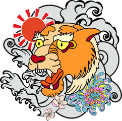 colorful traditional tattoo style Tiger face with cherry blossom and hibiscus flower on could and red rising sun background.Chinese Tiger roaring tattoo.