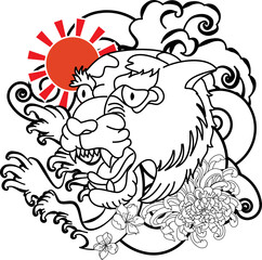 Obraz premium colorful traditional tattoo style Tiger face with cherry blossom and hibiscus flower on could and red rising sun background.Chinese Tiger roaring tattoo.
