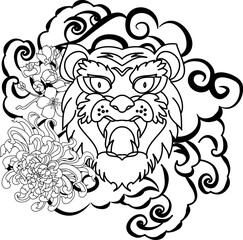 colorful traditional tattoo style Tiger face with cherry blossom and hibiscus flower on could and red rising sun background.Chinese Tiger roaring tattoo.