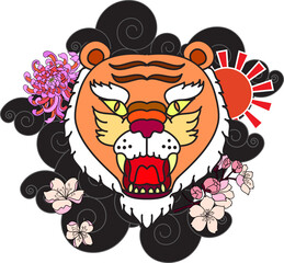 colorful traditional tattoo style Tiger face with cherry blossom and hibiscus flower on could and red rising sun background.Chinese Tiger roaring tattoo.