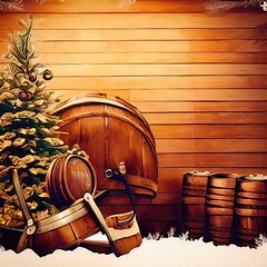Christmas tree, wine barrel, snow, wood background, ai generative, digitally hand painted