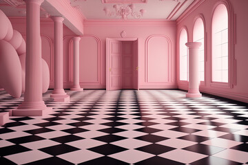 Pink dreamlike interior with abstract checkerboard floor. a room with a tiled floor and no horizon. Generative AI