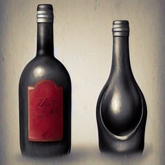 Two wine bottles, digitally hand painted with beautiful dark tones. AI generative 