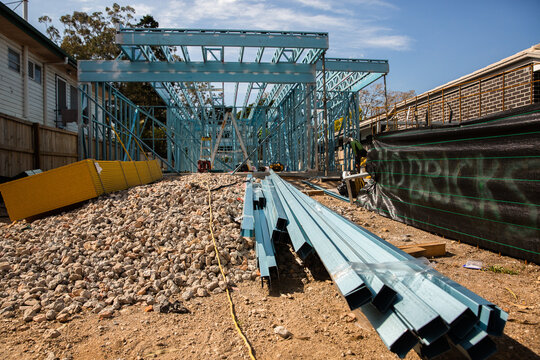 bits of a steel frame ready for a house build