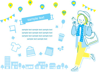 お出かけする若い女性と街並みのベクターイラストセット