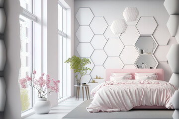 Pink hexagon tile in a modern white bedroom with a Zen aesthetic. Generative AI