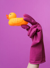 Hand in purple rubber cleaning glove holding rubber duck on a purple background. House cleaning and housekeeping concept
