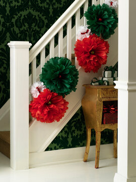 Staircase Decorated with Christmas Crafts and Gifts, Toronto, Ontario, Canada