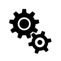 black gear icon on a white background